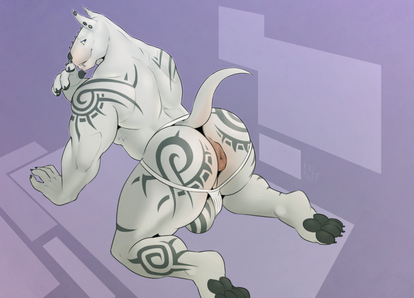 all_fours anthro anus ass balls big_balls bohagon bull_terrier canine clothing jockstrap kazushi looking_back male male_only mammal markings mostly_nude muscular muscular_male puffy_anus smile solo terrier underwear