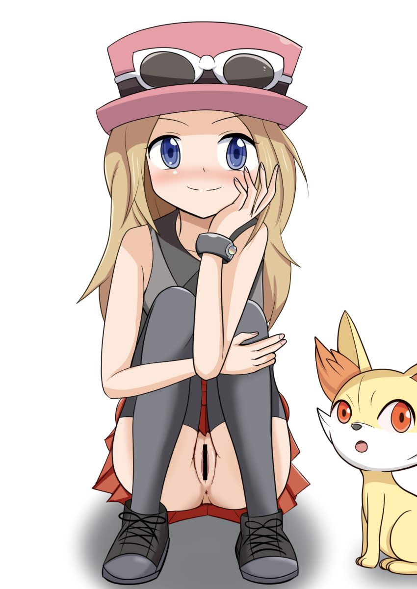 1girls ambiguous_gender anus ass bar_censor bare_shoulders big_ears black_footwear black_legwear black_shirt blonde_hair blue_eyes blush bracelet canine censored feet female fennekin full_body hand_on_own_face hand_up hat highres human human_only jewelry kaimu_(qewcon) knees_up long_hair looking_at_viewer nintendo no_panties nose_blush open_mouth orange_eyes paws pleated_skirt pokemon pokemon_(species) pokemon_xy pussy red_hat red_skirt serena_(pokemon) shirt shoes simple_background sitting skirt sleeveless sleeveless_shirt smile solo_focus sunglasses thighhigh thighhighs upskirt white-framed_eyewear white_background wide_hips