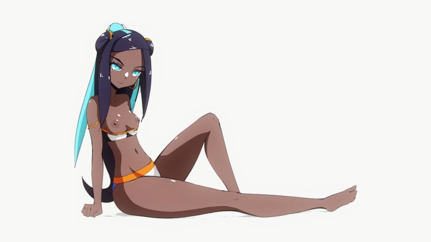 1girls black_hair black_skin blue_eyes blue_hair dark-skinned_female female female_only flou gym_leader hoop_earrings long_hair nessa_(pokemon) nintendo pokemon pokemon_ss pose small_breasts solo swimsuit teenager