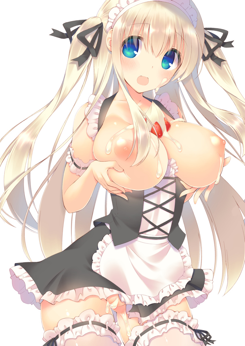 blonde_hair blue_eyes blush breasts cleavage commentary_request cream dress food frilled_dress frills fruit highres large_breasts long_hair looking_at_viewer maid maid_headdress mutsuno_hekisa nipples open_mouth original sleeveless strawberry thighhighs twintails