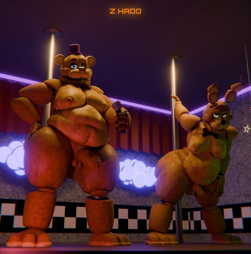 2025 3_toes 3d_(artwork) 4_fingers animatronic anthro ass bear belly big_butt black_nose blue_eyes bow_tie clothing digital_media_(artwork) duo electronics english_description erection feet fingers five_nights_at_freddy's fredbear_(fnaf) fur genitals green_eyes hand_on_hip hat headgear headwear hi_res holding_microphone holding_object humanoid_genitalia humanoid_penis lagomorph leporid long_ears machine male mammal microphone moobs overweight overweight_anthro overweight_male penis pole purple_clothing purple_hat purple_headwear rabbit robot scottgames small_penis spring_bonnie_(fnaf) standing thick_thighs toes yellow_body yellow_fur z_hado