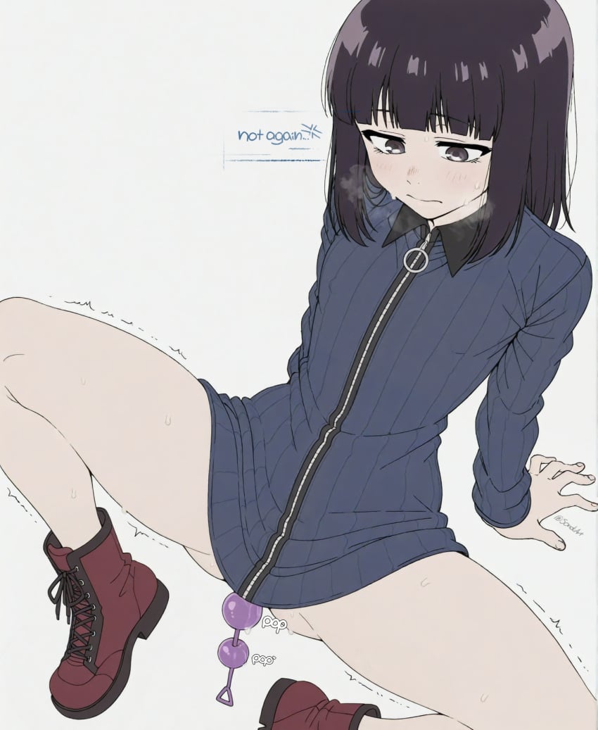 ai_assisted anal anal_beads anal_object_insertion arm_support bangs black_hair blue_sweater blunt_bangs blush boots bottomless call_of_the_night closed_mouth female femboy feminization grey_background grey_eyes jacket long_sleeves medium_hair object_insertion otoko_no_ko red_footwear sex_toy short_hair simple_background sitting solo sondu spread_legs suzushiro_hatsuka sweat sweater trembling twink white_background yofukashi_no_uta zipper zipper_pull_tab