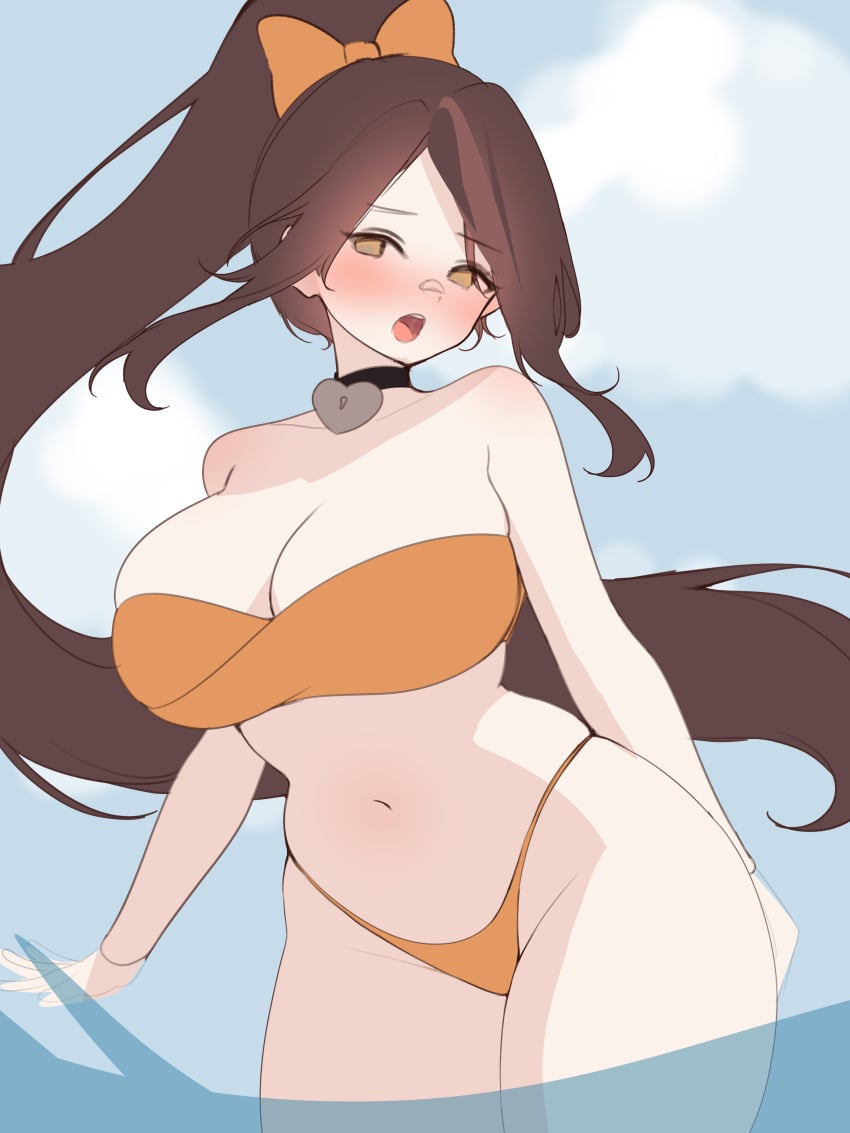big_breasts bikini brown_hair hot nervous no_ai sexy sky_(skyaboveme) skyaboveme tied_hair vtuber wip