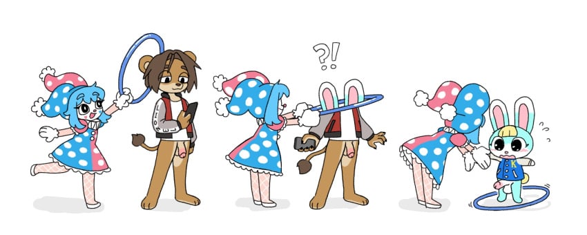 2025 :3 animal_crossing anthro balls blush bottomless bottomless_anthro bottomless_male casual_exposure clothed clothing confusion dress duo electronics embarrassed exclamation_point eyelashes felid fishnet_clothing fishnet_leggings fishnet_legwear fool's_hat frilly frilly_clothing frilly_dress genitals happy hat headgear headwear hi_res hula_hoop humanoid_genitalia humanoid_penis jacket jester lagomorph leggings legwear leporid lion magic male mammal nintendo pantherine penis phone polka_dots pom_poms popstick question_mark rabbit sasha_(animal_crossing) simple_background species_transformation tail tf_into_fictional_character topwear transformation white_background