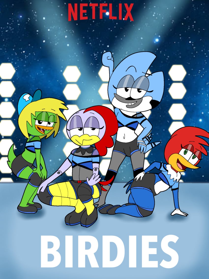 4boys adventures_of_sonic_the_hedgehog anseriform anthro avian bird blonde_hair blue_jay breadwinners cartoon_network chicken crop_top crossover cuties_(netflix) duck eyelashes eyeshadow feminine_male group hi_res makeup male male/male male_only mammal mordecai_(regular_show) navel netflix nickelodeon parody pose posing regular_show revealing_clothes rooster rule_63 scratch_(adventures_of_sonic_the_hedgehog) shorts sonic_(series) svenniehoek swaysway the_woody_woodpecker_show thick_thighs transfem white_gloves woodpecker woody_woodpecker