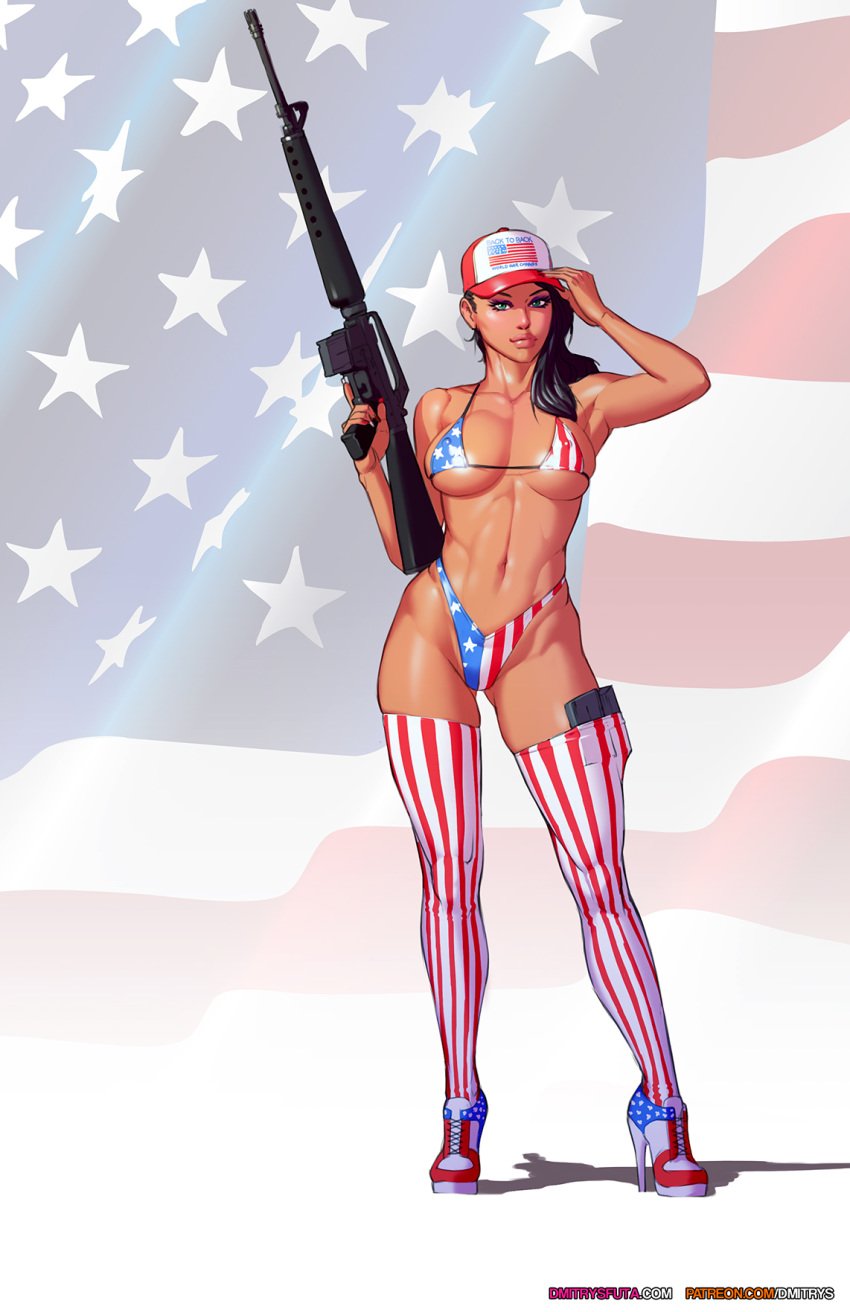 1girls abs american_flag american_flag_bikini american_flag_hat american_flag_legwear assault_rifle baseball_cap bikini black_hair bra breasts dmitrys elodie_(dmitrys) female female_only green_eyes gun hard_nipples looking_at_viewer m16 machine_gun medium_breasts nipples_visible_through_clothing original panties posing_for_picture posing_with_weapon solo swimsuit thighhighs tipping_hat weapon