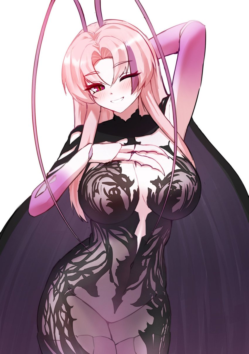 1girls antennae_(anatomy) armpit breasts bug_girl cgator chronopattern_dress cockroach_girl dress female female_only huge_breasts indie_virtual_youtuber insect_girl light-skinned_female light_skin matara_kan meme_attire pink_hair red_eye simple_background solo virtual_youtuber white_background wink