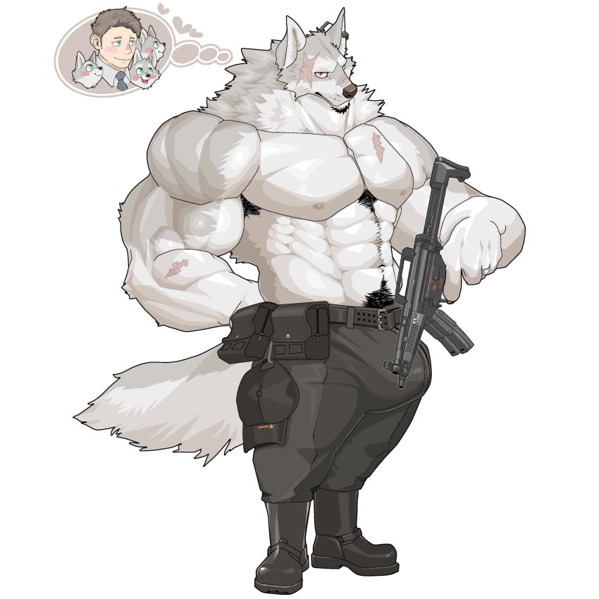 abs absurd_res anthro big_bulge big_muscles big_pecs blush body_hair brown_hair bulge canid canine canis chan_kiti_chan_(artist) chest_hair chest_scar clothed clothing ear_piercing facial_scar family father father_and_child father_and_son fur grey_body grey_fur group gun hair heart_symbol hi_res huge_muscles huge_pecs human human_on_anthro interspecies male male/male mammal military military_uniform muscular muscular_anthro muscular_male parent parent_and_child parent_and_son pecs piercing pubes ranged_weapon rifle romantic romantic_couple scar son topless topless_male uniform weapon wolf