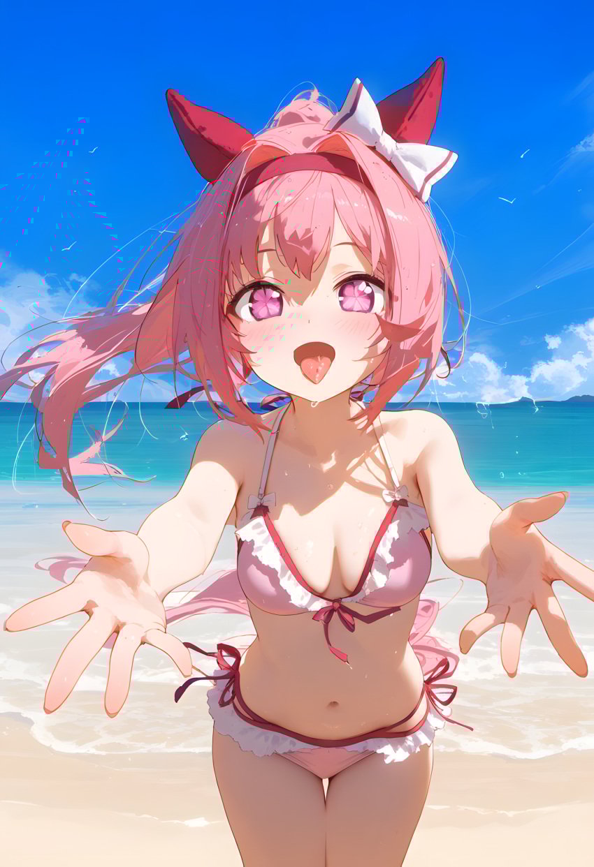 ai_generated animal_ears bandana beach breasts female frilled_bikini haru_urara_(umamusume) looking_at_viewer pink_hair ponytail small_breasts umamusume umamusume_pretty_derby white_ribbon