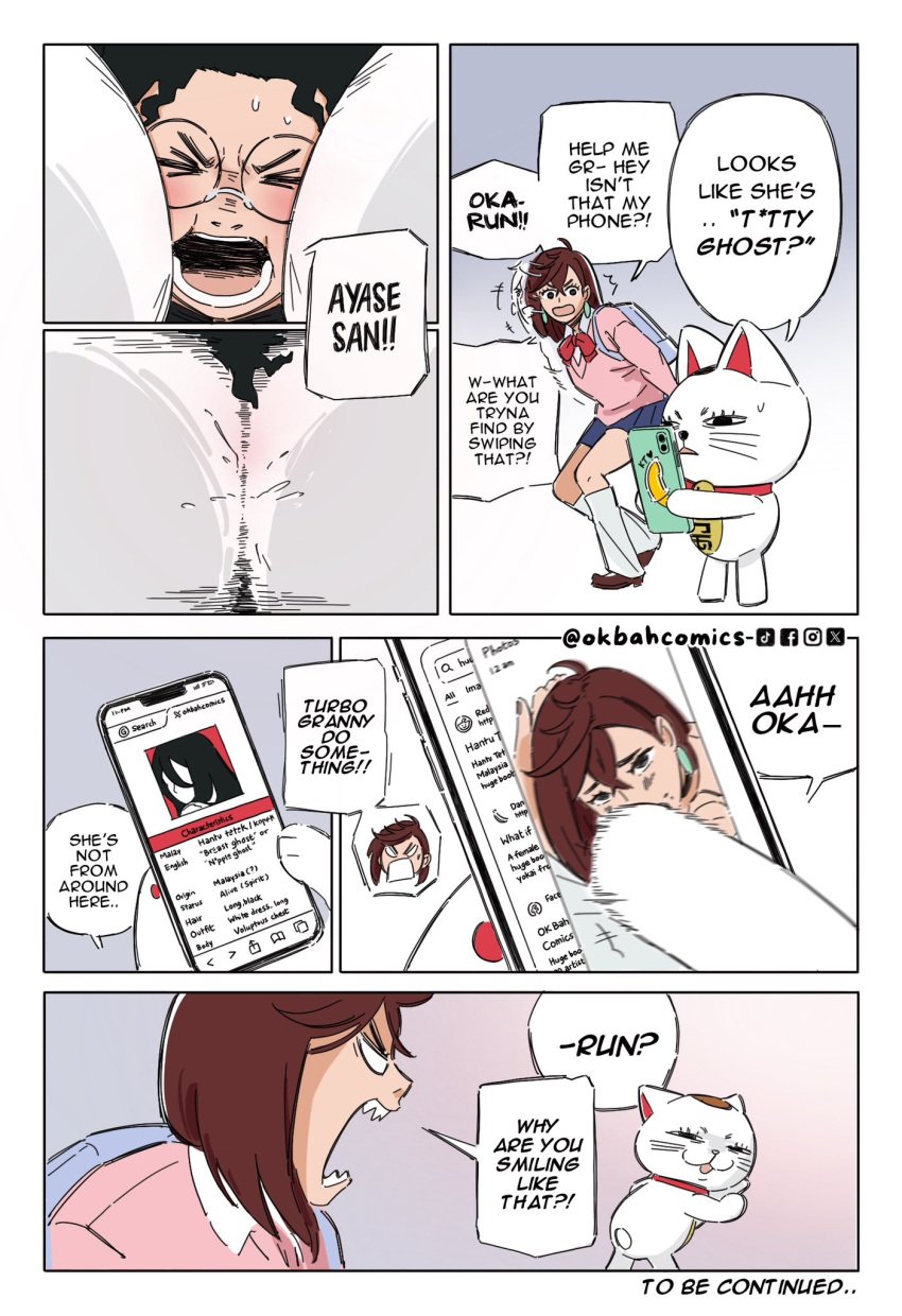2chan ayase_momo between_breasts big_breasts blackmail breasts brown_hair comic dandadan glasses hantu_tetek huge_breasts implied_fellatio large_breasts malaysian ok_bah_comics takakura_ken_(okarun) turbo_granny_(dandadan)