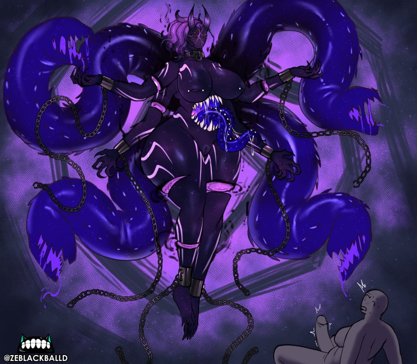 1boy 1girls 6_eyes anon chain_leash chains eldritch_horror femdom horns larger_female monster monster_girl multiple_eyes scared sharp_teeth stomach_mouth taller_girl zeblackballd_(artist)