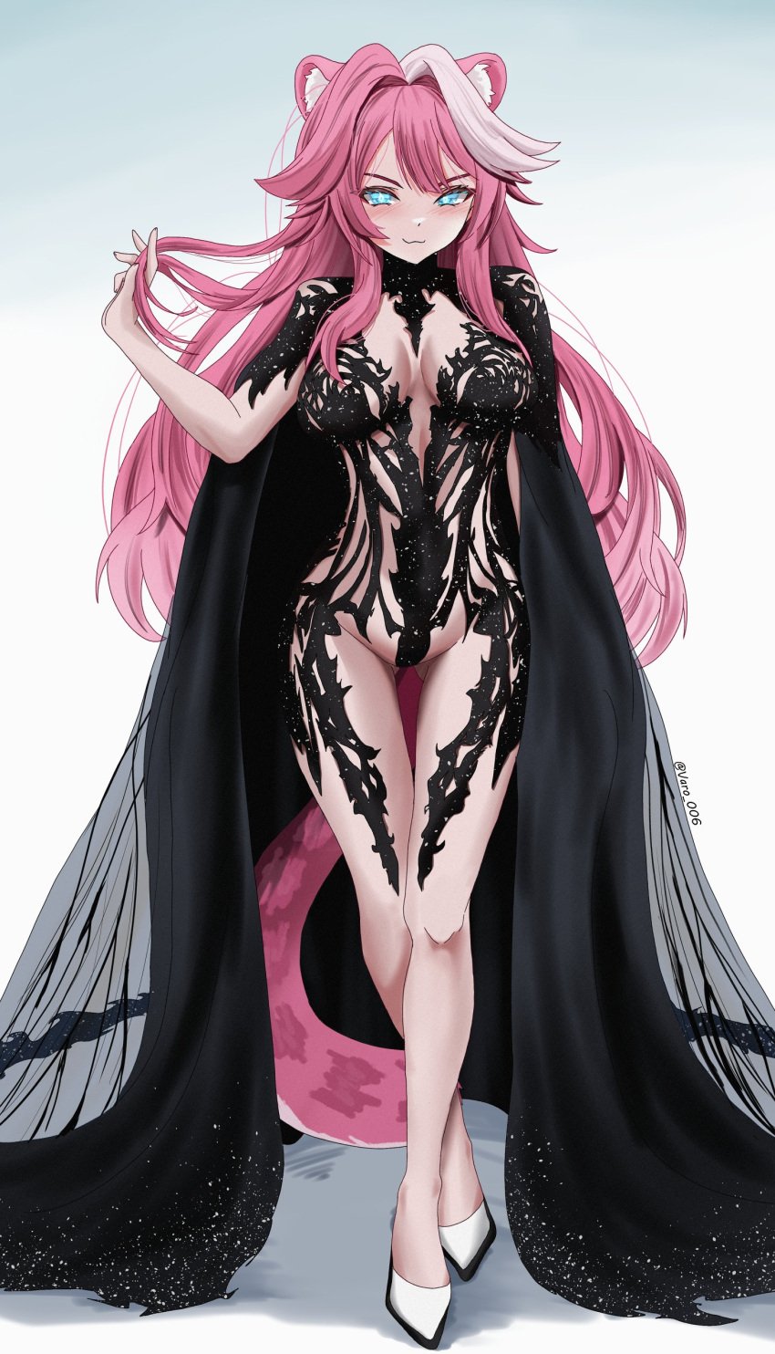 1girls blue_eyes blush breasts chronopattern_dress cleavage dress embarrassed female female_only heels hololive hololive_english hololive_english_-justice- huge_breasts light-skinned_female light_skin meme_attire pink_hair raora_panthera solo varo_006 virtual_youtuber white_heels