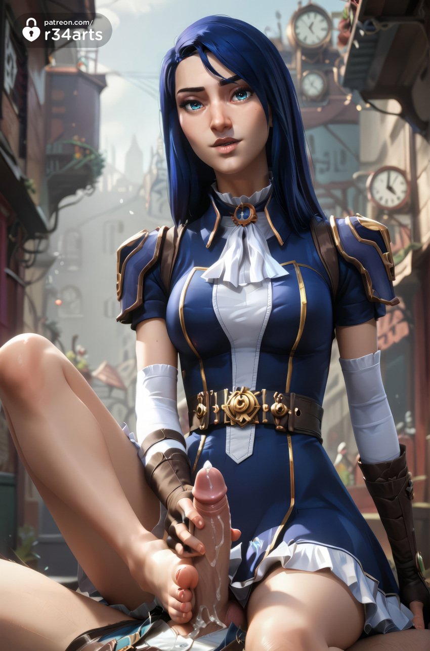 1boy 1boy1girl 1girls ai_generated arcane arcane_caitlyn artist_name ascot barefoot black_panties blue_eyes blue_hair breasts brown_gloves caitlyn_kiramman cum cum_on_body dress elbow_gloves erection feet female femdom fingerless_gloves footjob gloved_handjob gloves handjob hi_res league_of_legends long_hair looking_at_viewer male medium_breasts netflix nose outdoors panties parted_lips penis r34arts realistic riot_games short_sleeves sitting solo_focus straight toes uncensored underwear web_address white_ascot