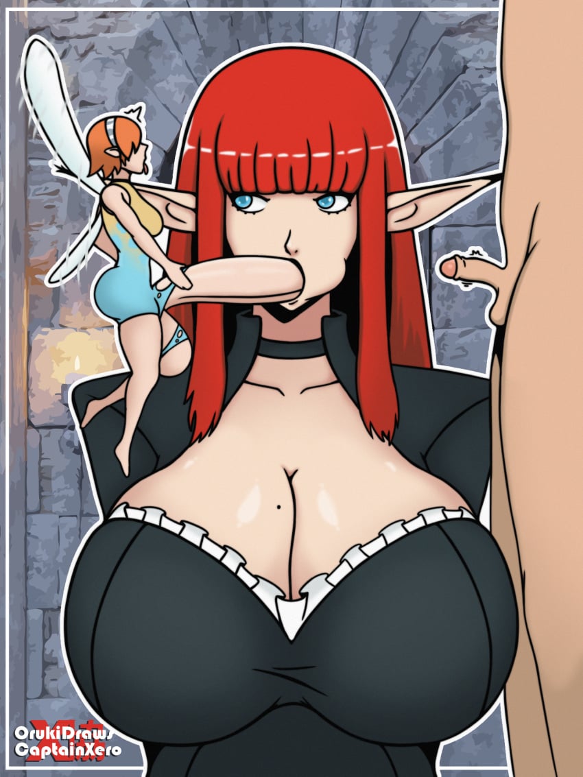 1boy 1futa 1girls angry balls big_balls big_breasts big_penis blowjob blue_eyes breasts breasts captainxero cleavage clothed cock eiselin_hulkenberg elf_ears fellatio futa_is_bigger futanari gallica metaphor:_refantazio orukidraws penis red_hair small_penis will_(metaphor:_refantazio)
