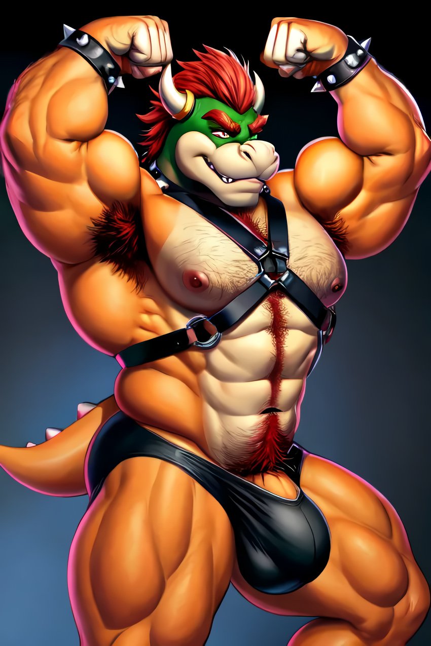 ai_generated ai_upscaled armpit_hair armpits barely_contained_penis big_bulge black_underwear bowser bulge hairy hairy_chest harness male_only mario_(series) muscular muscular_male nintendo nipples penis_base pubes red_armpit_hair red_chest_hair red_pubes spiked_bracelet super_mario_bros. tail underwear