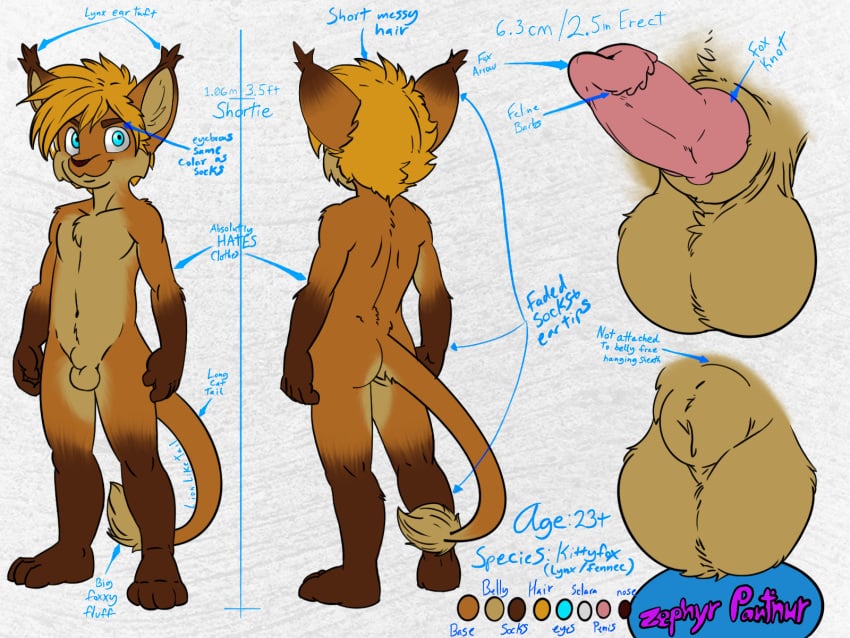 2025 animal_genitalia anthro balls blue_eyes canid canine ear_tuft english_text erection felid front_view fully_sheathed genitals hi_res hybrid knot male mammal model_sheet multiple_poses nude nude_anthro pose rear_view sheath smile standing tail tail_tuft text tuft zephyrpanthur