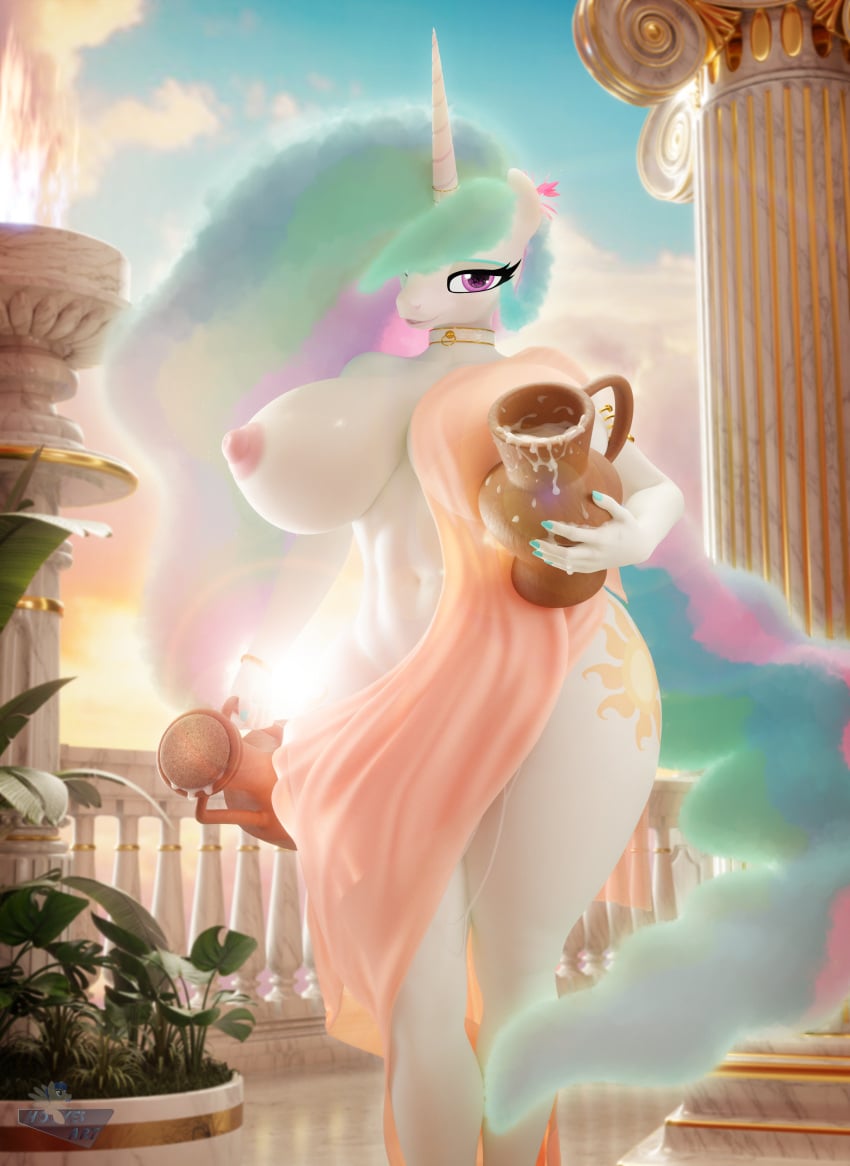1girls 3d anthro areolae big_breasts breasts busty equine female female_only friendship_is_magic furry furry_only hair_over_one_eye hooves-art horn huge_breasts jar large_breasts looking_at_viewer milk multicolored_hair multicolored_tail my_little_pony nipples no_bra no_panties one_breast_out png princess_celestia_(mlp) royalty solo sunlight thick_thighs toga white_body wide_hips