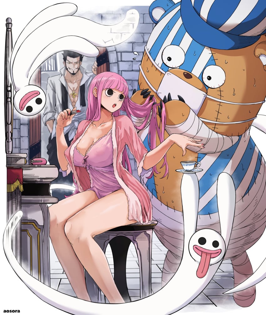 1boy 1boy1girl 1girls aosora babydoll big_breasts black_eyes black_hair breasts busty cleavage cross curvy dracule_mihawk female female_focus horo_horo_no_mi lipstick long_hair makeup male nipples nipples_visible_through_clothing one_piece open_shirt pajamas perona pink_hair pyjamas sheer sheer_clothing short_hair skimpy skimpy_clothes