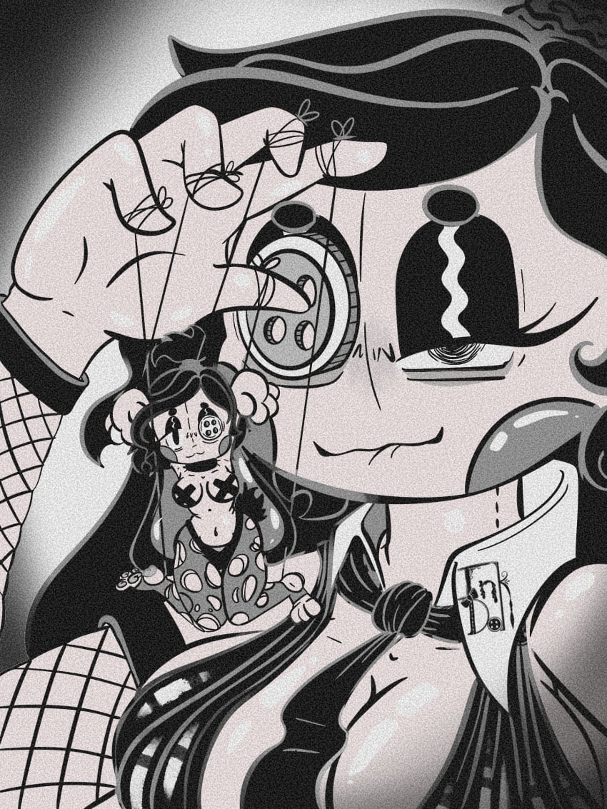 anthro bite biting_lip blush bondage bound button_(fastener) button_eyes clothing doll duo female fishnet_clothing forced glistening glistening_body hi_res ink inkdoll lagomorph legwear leporid macro mammal masochism necktie ownership pasties petplay puppet rabbit roleplay size_difference stockings string torn_clothing torn_legwear torn_stockings toy