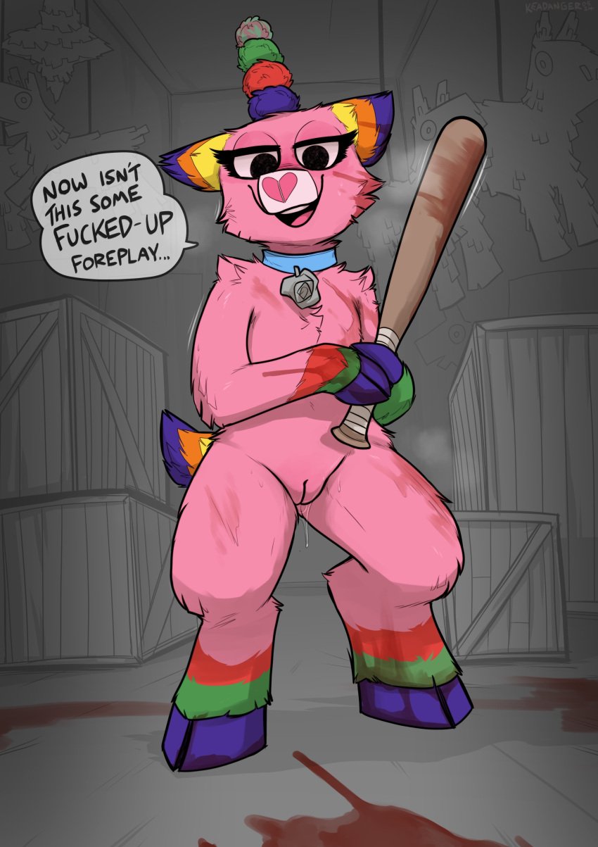 2024 absurd_res animate_inanimate anthro bat blood blood_stain bodily_fluids collar collar_only dialogue english_text eyelashes female genital_fluids hi_res hooves horn keadanger living_pinata looking_at_viewer looking_down looking_down_at_viewer mammal nude open_mouth pinata scp-956 scp_foundation smile solo speech_bubble standing text tremble_lines vaginal_fluids warehouse
