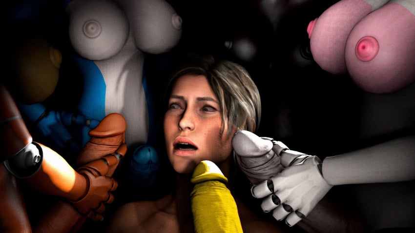 1girls 3d 3d_(artwork) animatronic bonnie_(fnaf) brown_hair chica_(fnaf) five_nights_at_freddy's freddy_(fnaf) frederika_(fnaf) futa_on_female futanari futanari gangbang huge_cock lara_croft mangle_(fnaf) marionette_(fnaf) presenting_penis puppet_(fnaf) scared source_filmmaker tomb_raider wide_eyed