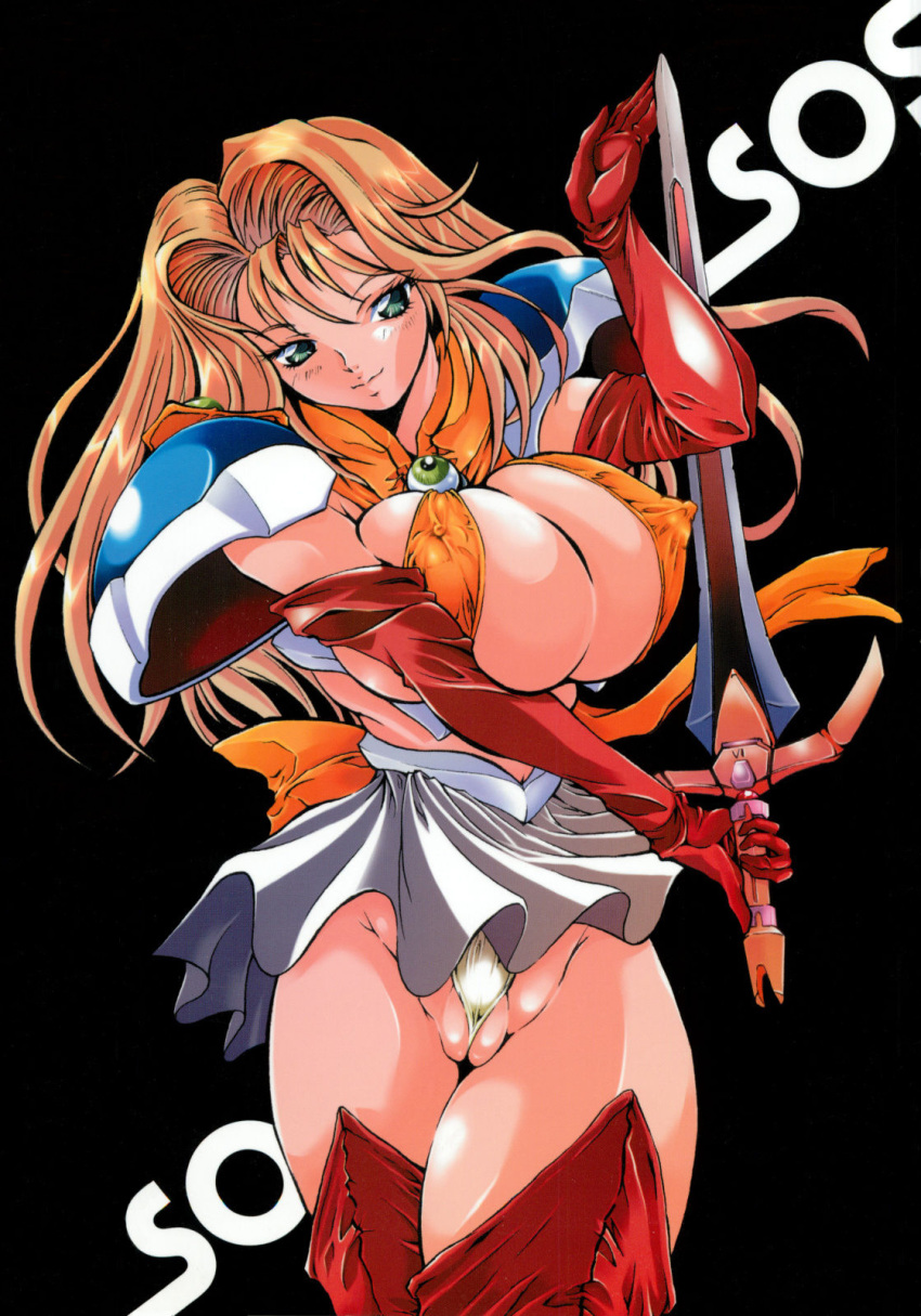 back_bow between_labia blonde_hair boots bow breasts cameltoe crotch elbow_gloves erect_nipples erect_nipples_under_clothes female gloves green_eyes heshi holding holding_sword holding_weapon huge_breasts innie_pussy jewelry long_hair looking_away magical_girl miniskirt nami_koishikawa nami_sos orange_bow orange_shirt panties panty_pull partially_visible_vulva pleated_skirt red_footwear red_gloves shirt shoulder_pads sideboob skirt sleeveless sleeveless_shirt smile solo sword thigh_boots thighhighs thighs underwear weapon white_panties white_skirt wind wind_lift