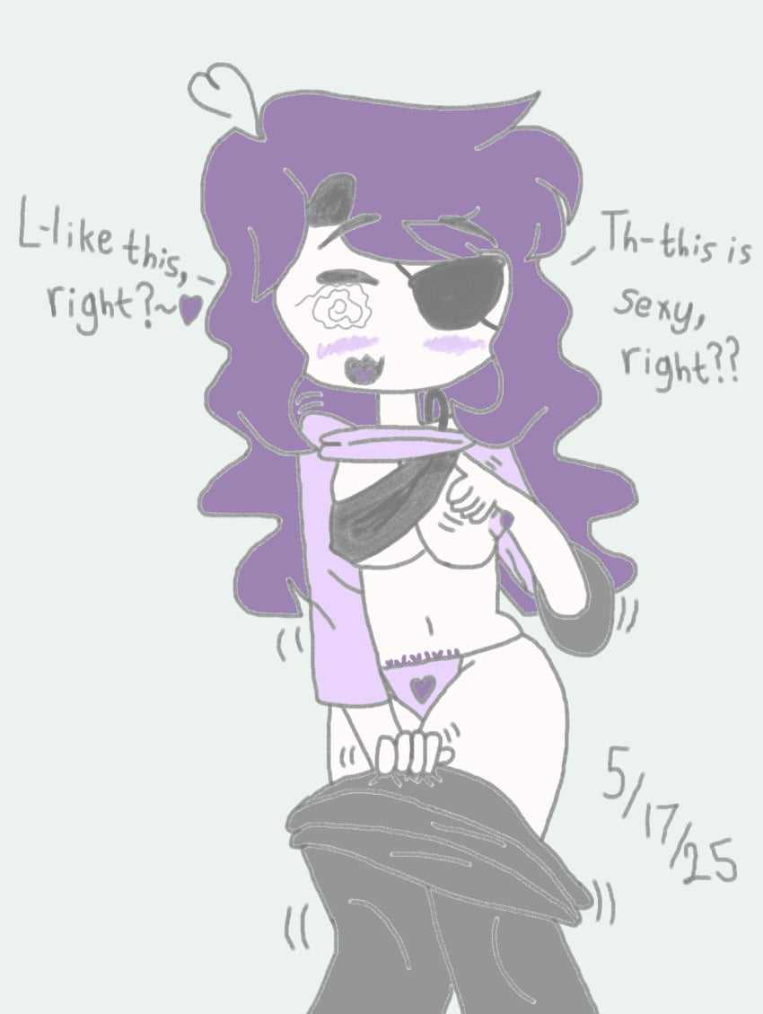 aliasing blush bra_lift dated eyepatch gsoulnight heart_ahoge heart_on_panties long_hair nipples_visible_through_clothing nodders one_nipple_out panties pants_down pubic_hair purple_hair purple_nipples purple_panties purple_shirt self_upload shaking shirt_lift spiral_eyes squish stripping sweater sweatpants talking_to_viewer wavy_hair wavy_mouth youtube