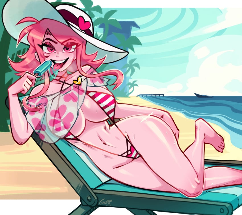 1girls 2025 2d 2d_(artwork) 2d_artwork ass beach beach_chair beach_hat big_ass big_breasts bikini breasts cartoon_network female female_focus female_only gerph heart heart heart-shaped_pupils heart_eyes laying_down laying_on_side miss_heed_(villainous) mostly_nude mostly_nude_female nude nude_female pink-skinned_female pink_body pink_hair pink_hair_female pink_skin popsicle sling_bikini solo solo_female solo_focus thick_thighs thighs tongue tongue_out villainous warner_bros warner_brothers