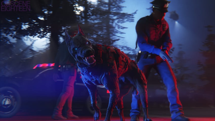 3d_(artwork) absurd_res anthro armor balls blender_(artwork) blender_cycles blue_eyes canid canine canis car clothing digital_media_(artwork) dobermann domestic_dog fangs feral genitals glowing glowing_eyes group gun hi_res human male mammal night obsceneeighteensfm officer outside pinscher plant police police_uniform ranged_weapon showing_teeth teeth tree trio uniform vehicle weapon