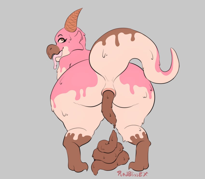 absurd_res anthro anus ass bent_over big_anus big_butt dessert feces feces_pile female food food_creature food_fetish food_play food_scat hi_res horn huge_butt ice_cream_creature kobold looking_pleasured overweight rear_view redblissex scalie scat simple_background solo tongue tongue_out wide_hips