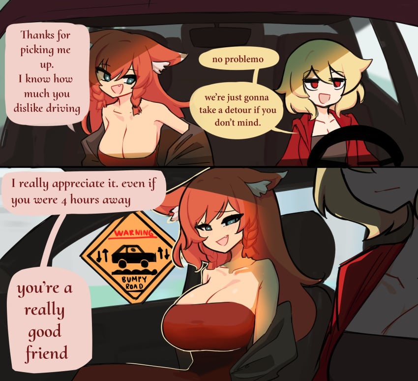 2_panel_comic 2girls bare_shoulders blonde_hair blue_eyes breasts car centurii-chan centurii-chan_(character) cleavage female huge_breasts jacket large_breasts mozumi_pichi no_bra orange_hair red_eyes speech_bubble tubetop