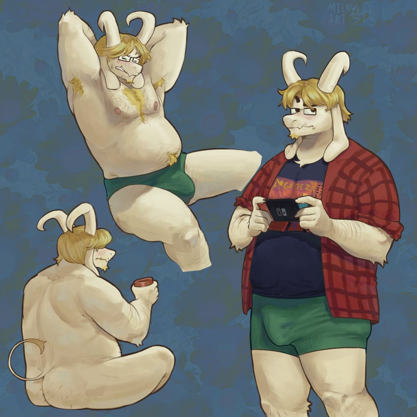 absurd_res adolfinafon anthro armpit_hair asriel_dreemurr ass belly blonde_hair blush body_hair bottomwear briefs bulge chest_hair clothing eyewear flannel_shirt glasses hair happy_trail hi_res horn male moobs navel nipples nude overweight shorts solo undertale undertale_(series) underwear