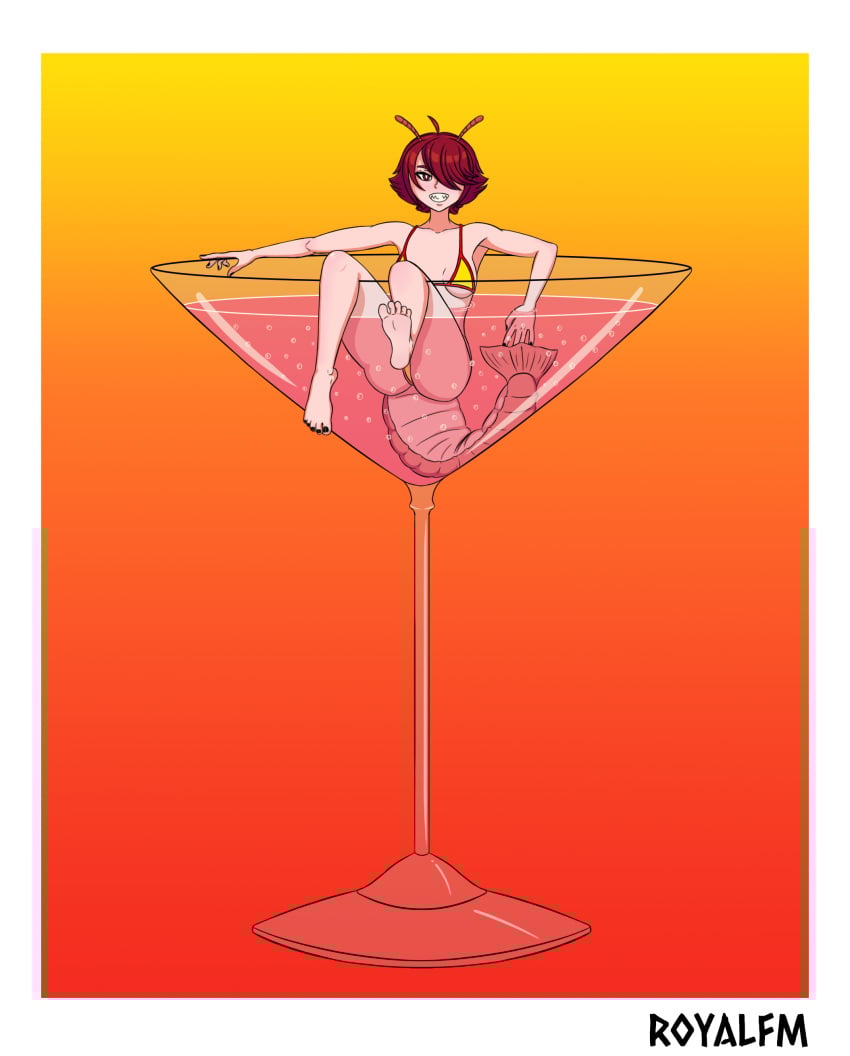 1girls antennae_(anatomy) bikini black_nails cocktail cocktail_glass colored_hair confident female girl oc original_character red_eyes red_hair royalforcemeat sharp_teeth shrimp shrimp_tail smile swimsuit