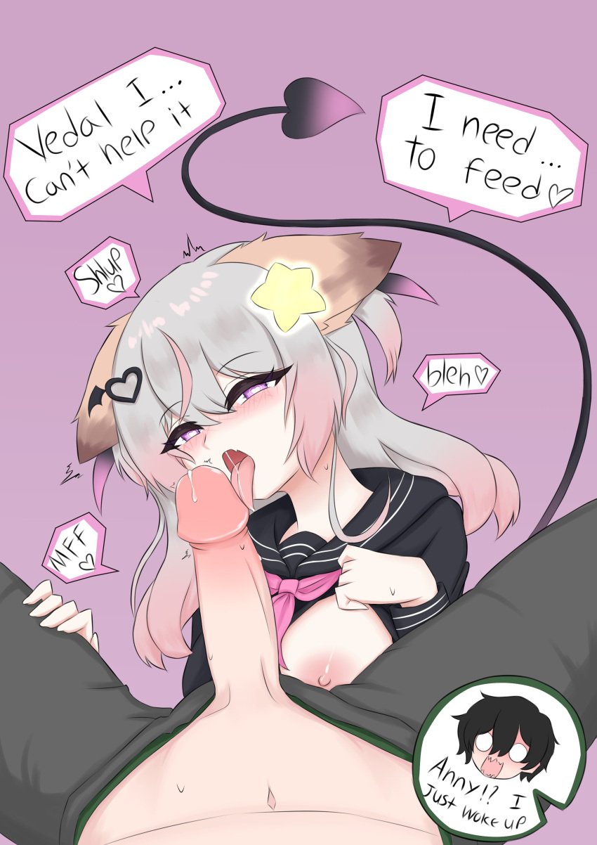 1boy 1girls alternate_version_available animal_ears annytf areola blush breasts demon_tail dialogue english_text erect_penis erection exposed_breast female fox_ears fox_girl heart-shaped_pupils huge_breasts indie_virtual_youtuber licking_penis light-skinned_female light-skinned_male light_skin male male_pov nipple nose_blush open_mouth oral penis pov precum school_uniform straight succubus symbol-shaped_pupils szpecter tail text tongue tongue_out vedal987 virtual_youtuber vtuber
