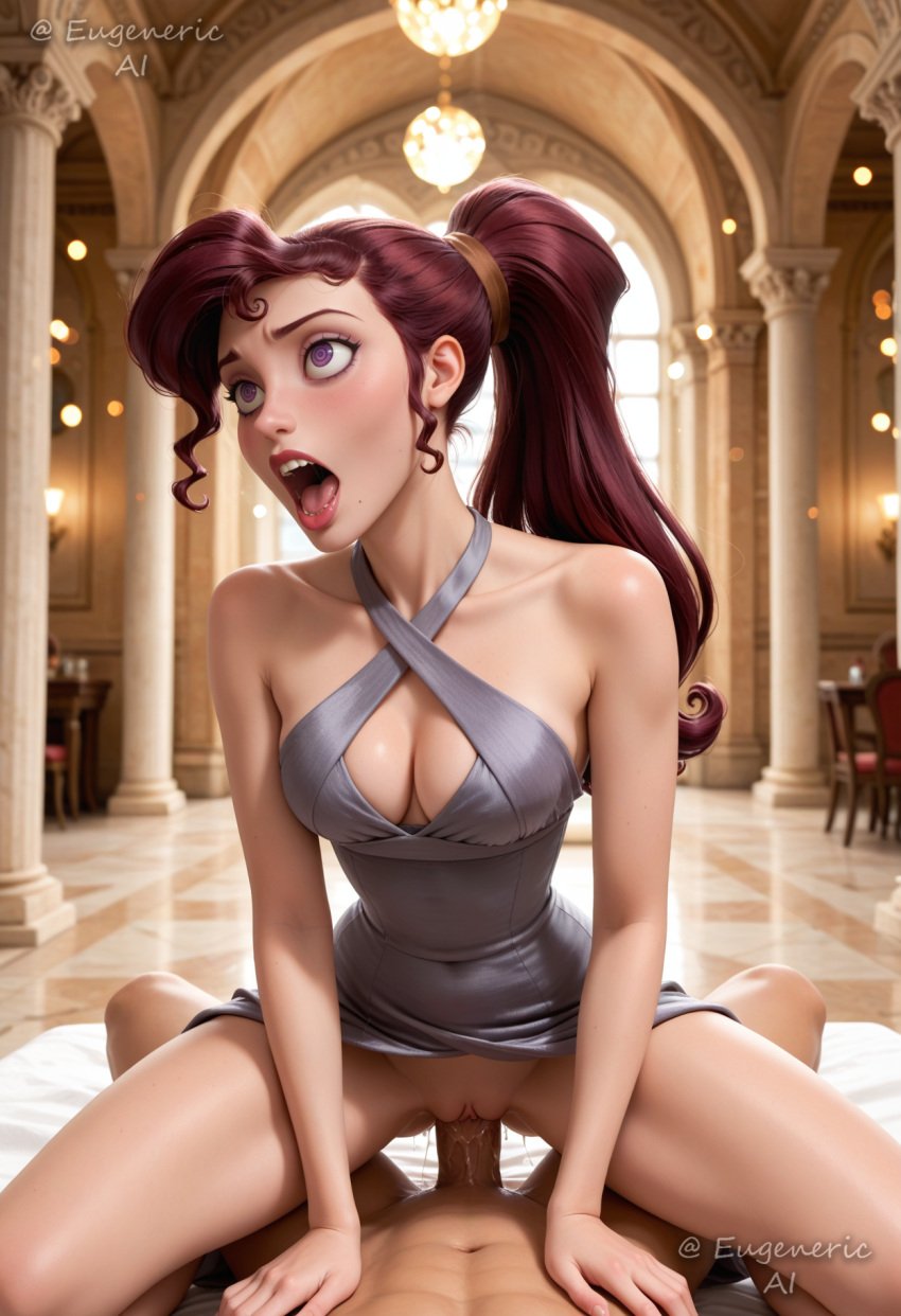 1boy ahe_gao ai_generated artist_name bare_shoulders blurry blurry_background breasts brown_hair cleavage clothed_female_nude_male clothed_sex collarbone cowgirl_position cowgirl_position criss-cross_halter disney disney_princess dress eugenericai female freckles greek_mythology grey_dress halter_dress halterneck hercules_(disney) indoors long_hair makeup medium_breasts megara mole mole_under_mouth no_panties nude open_mouth penis ponytail pov purple_eyes purple_hair pussy saliva sex solo_focus spread_legs straddling straight teeth tongue tongue_out uncensored vaginal_penetration watermark web_address