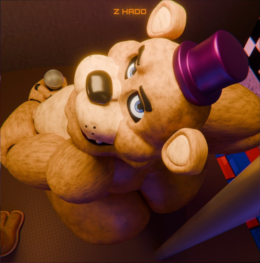 2025 3d_(artwork) animatronic anthro ass bear big_butt black_nose blue_eyes clothing digital_media_(artwork) duo electronics english_description five_nights_at_freddy's fredbear_(fnaf) hat headgear headwear hi_res high-angle_view holding_microphone holding_object lagomorph leporid looking_up machine male mammal microphone moobs mostly_offscreen_character overweight overweight_anthro overweight_male purple_clothing purple_hat purple_headwear rabbit robot scottgames spring_bonnie_(fnaf) whisker_spots z_hado