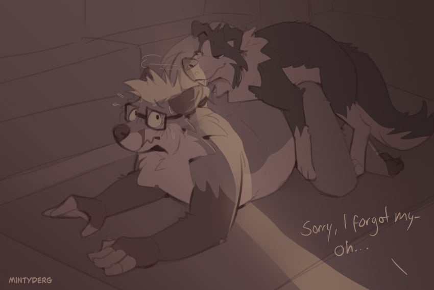 anthro anthro_on_feral blush blush_lines blushing canid canine canis caught_in_the_act collie couch domestic_dog duo eyewear feral feral_on_anthro fox from_behind_position fur glasses herding_dog hi_res male male/male mammal mintyderg mounting pastoral_dog sex sheepdog sofa sweat sweatdrop sweating sweaty tail text zoophilia