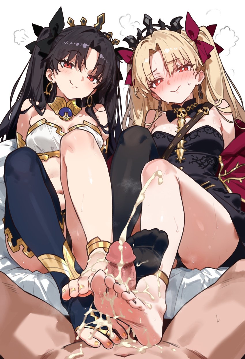 1boy 2girls absurdres anklet armlet bare_shoulders barefoot bikini black_dress black_hair black_thighhighs blonde_hair bow bracelet breasts cooperative_footjob cum detached_collar detached_sleeves dress earrings ebora ejaculation erection ereshkigal_(fate) fate/grand_order fate_(series) feet female ffm_threesome footjob footjob_with_legwear gold_trim hair_ribbon hairbow highres hoop_earrings ishtar_(fate) jewelry long_hair looking_at_viewer male medium_breasts mismatched_bikini multiple_girls neck_ring parted_bangs penis red_eyes ribbon short_dress single_detached_sleeve single_sleeve single_thighhigh skull_ornament smile stirrup_legwear straight swimsuit teamwork_(sexual) thighhighs thighlet threesome tiara toeless_legwear two_side_up uncensored