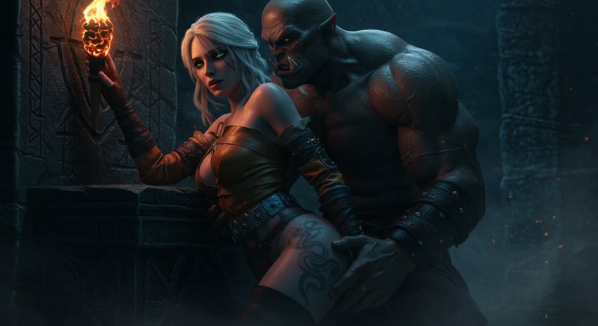 ai_generated ciri cirilla_fiona_elen_riannon dark-skinned_male dark_skin female green-skinned_male green_eyes green_skin human human_female light-skinned_female light_skin male male/female muscular muscular_male orc orc_male sex the_witcher_(series) the_witcher_3:_wild_hunt white_hair