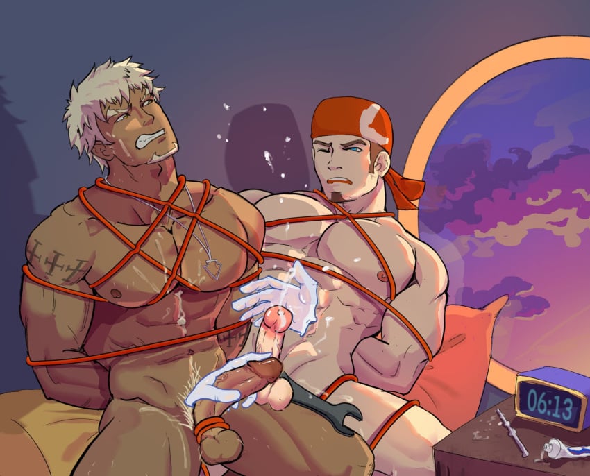2boys abs alarm_clock bandana bara beard bed billy_(gyee) blue_eyes bondage bound brown_hair clock cloud cloudy_sky creed_(gyee) cum cum_on_body dark_skin disembodied_hand ejaculation erection facial_hair feet_out_of_frame grey_hair gyee highres jewelry large_pectorals male male_focus manly mature_male multiple_boys muscular muscular_male necklace nipples on_bed one_eye_closed pectorals penis sky sounding_rod spiked_hair stc_kw sunset tattoo testicles thick_arms thick_eyebrows thick_thighs thighs tools toothpaste window yaoi yellow_eyes