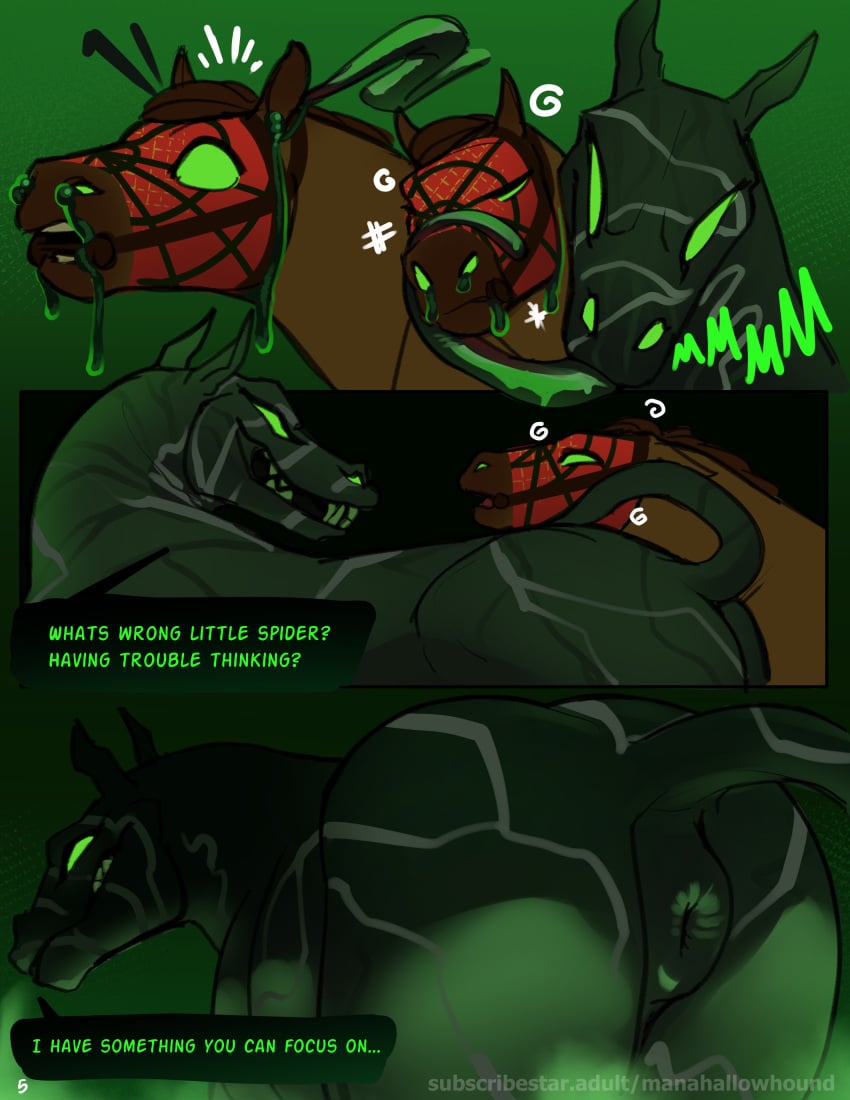 absurd_res alien animal_genitalia anus anus_focus ass big_butt bodily_fluids dialogue drooling duo equid equine equine_anus equine_genitalia face_lick feral genitals glowing glowing_eyes harness hi_res hooves horse_venom hybrid intelligence_loss licking long_tongue male male/male mammal manahallowhound marvel mask mind_break puffy_anus rear_view saliva sharp_teeth speech_bubble spider-horse_(manahallowhound) spider-man_(series) surprise surprised_expression symbiote teeth text tongue