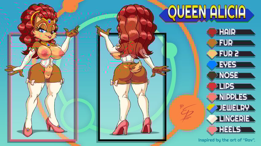 1milf alicia_acorn anthro areola big_breasts blue_eyes breasts chipmunk classy_female crown eltonpot erect_nipples female high_heels looking_at_viewer mature_female milf nipples pussy queen red_hair rodent royal royalty smile solo solo_female sonic_(series) squirrel