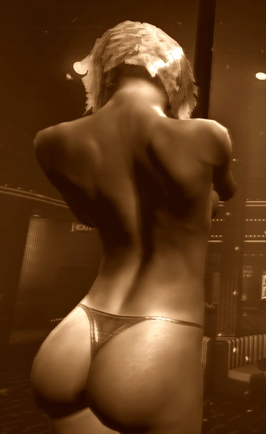 3d 3d_model absurd_res absurdres ass_focus bare_shoulders blonde_hair bubble_butt character_request disinterested duke_nukem_(series) duke_nukem_forever edited_screencap female_focus female_only heavenly_ass heavenly_body highres pole_dancing short_hair sierra_entertainment source_request stripper stripper_pole tagme text thong tomboy tomboyish wide_hips