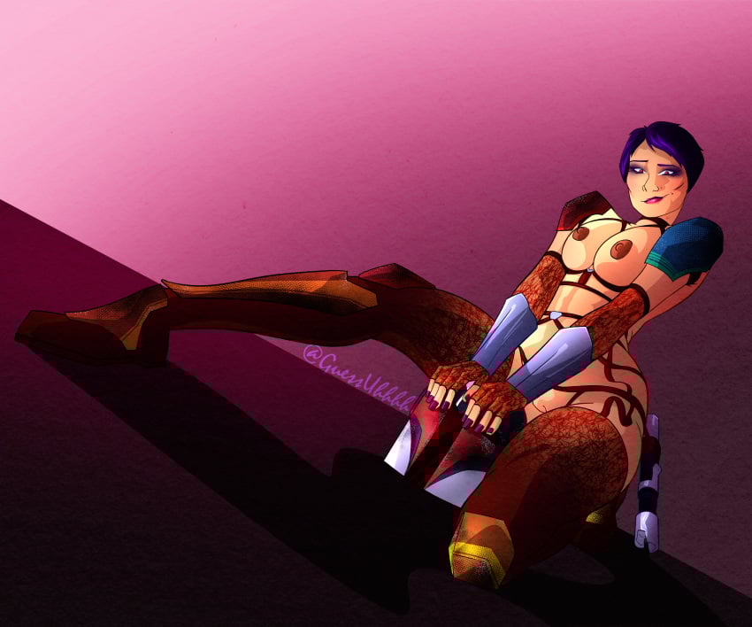 breasts_out guessuhhhh harness looking_at_viewer pinup purple_hair sabine_wren sitting small_breasts star_wars