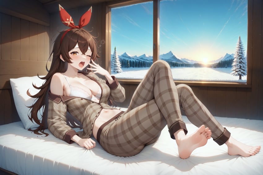 1girls ;o ai_generated aimoonshine alternate_costume amber_(genshin_impact) bare_shoulders barefoot bed bed_sheet blush bra breasts brown_eyes brown_hair cleavage collarbone crossed_bangs crossed_legs feet feet_up female female_only full_body genshin_impact hair_between_eyes hair_ribbon hairband hoyoverse indoors large_breasts legs long_hair long_sleeves looking_at_viewer lying medium_breasts midriff mihoyo morning mountain navel off_shoulder on_back on_bed one_eye_closed open_clothes open_mouth open_shirt pajamas pants partially_unbuttoned pillow plaid plaid_clothes reclining red_hairband red_ribbon ribbon scenery shirt sky sleepy snow soles solo solo_female stomach sunrise tired toes tree unbuttoned underwear waking_up white_bra window winter wooden_wall yawning