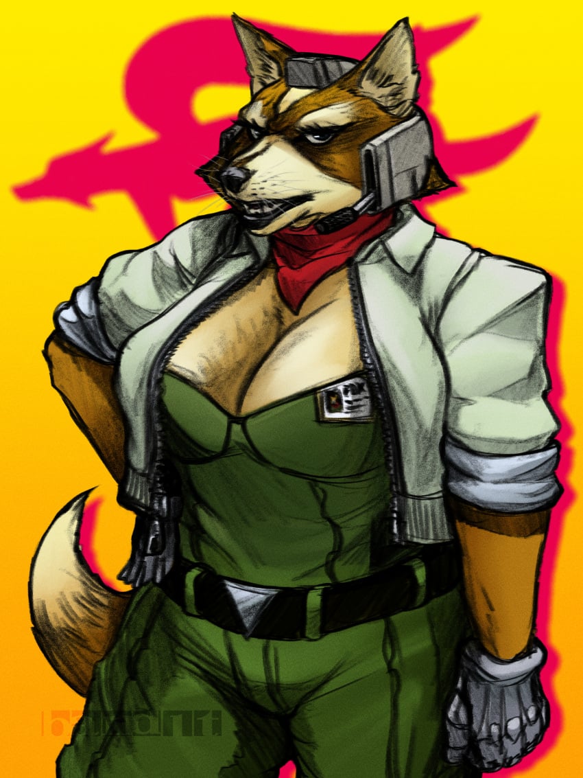absurd_res anthro band1tnsfw big_breasts breasts brown_body brown_fur canid canine clothing digital_drawing_(artwork) digital_media_(artwork) electronics female fox fox_mccloud fur green_clothing grey_clothing grey_jacket grey_topwear headgear headphones headset headset_microphone hi_res huge_breasts jacket kerchief lips mammal metal_hand military_uniform nintendo pilot_uniform red_kerchief rule_63 simple_background solo star_fox tan_body tan_fur thick_bottom_lip topwear uniform whiskers