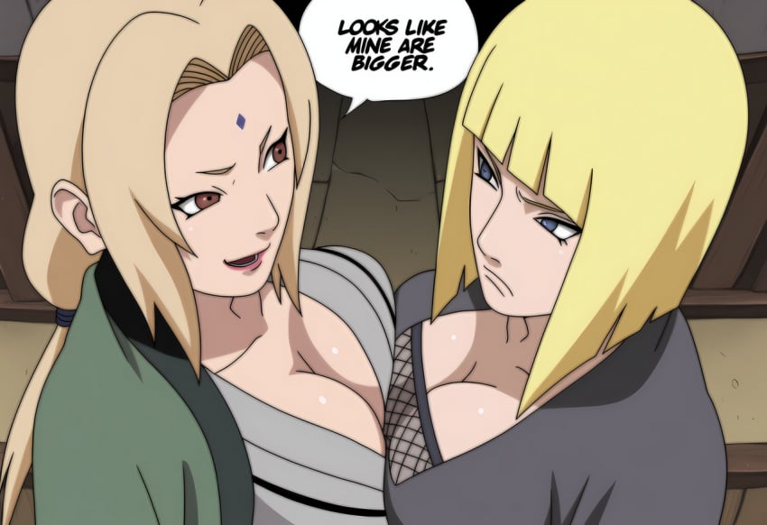2girls absurdres ai_generated annoyed arguing asymmetrical_docking blonde_hair blue_eyes breast_press breasts brown_eyes catfight cleavage clenched_hands comparing comparing_breasts competitive dialogue docking facial_mark female hand_on_hip highres huge_breasts kunoichi large_breasts long_hair multiple_girls naruto naruto_(series) naruto_shippuden ninja open_mouth powerhouserift samui short_hair showing_breasts showing_off smug speech_bubble staredown symmetrical_docking teeth text tsunade upper_body voluptuous