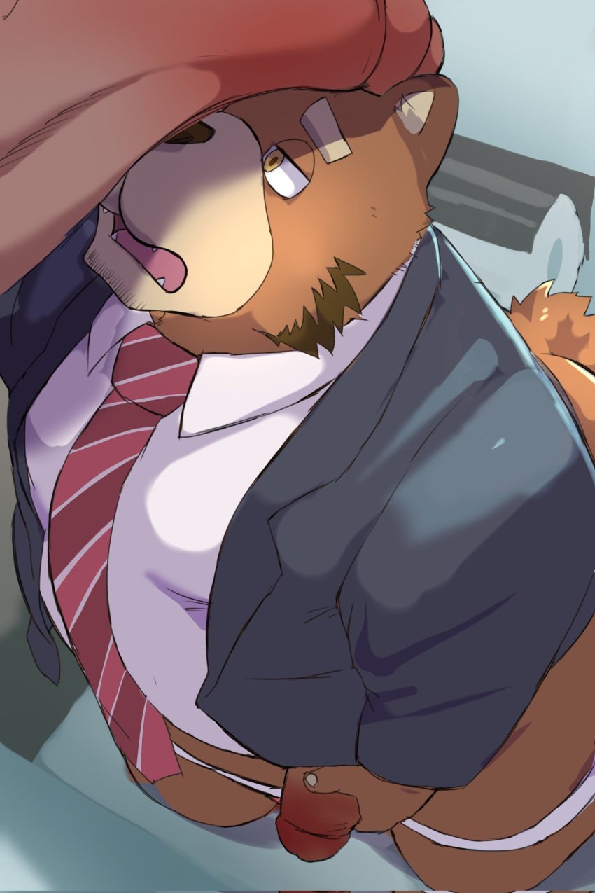 2boys anthro bear brown_body brown_eyes brown_fur brown_nose chubby chubby_anthro chubby_male clothed clothed_male clothes clothing ear_tuft erection facial_hair facial_tuft fur furry hand_on_own_penis hand_on_penis male male_only obese obese_anthro obese_male offscreen_character offscreen_male open_mouth open_mouth overweight overweight_anthro overweight_male penis penis_bigger_than_head penis_on_face sharp_teeth suit suit_and_tie tail tail_tuft tan_eyes tie yohhi_chan