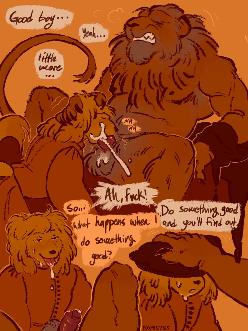 absurd_res age_difference anthro barbary_lion bird_dog bodily_fluids boypretties canid canine canis comic cum cum_in_mouth cum_inside dialogue domestic_dog duo felid fellatio genital_fluids genitals hi_res hunting_dog lion male male/male mammal master_and_disciple oral pantherine penile praise renaissance sex size_difference spaniel the_apprentice's_plea