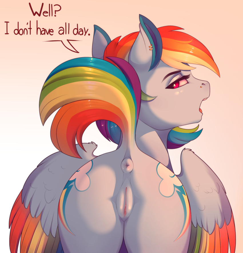 2018 anus ass cutie_mark dialogue digital_media_(artwork) ear_piercing english_text equine evehly facial_piercing feathered_wings feathers female feral friendship_is_magic hair hi_res looking_back mammal multicolored_feathers multicolored_hair multicolored_tail my_little_pony nose_piercing open_mouth pegasus piercing presenting presenting_anus presenting_pussy pussy rainbow_dash_(mlp) rainbow_feathers rainbow_hair rainbow_tail rear_view solo text wings